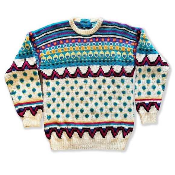 Vintage 80s Hand Knit Unique Wool Sweater Geometric Grandpacore Cottagecore - Picture 1 of 7